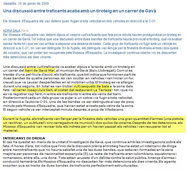 Notícia publicada al diari EL PUNT sobre el tiroteig succeït a Gavà Mar entre dues bandes de narcotraficants (10 de gener de 2009)